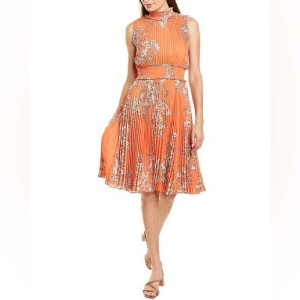 NWT Nannette Lepore Women’s Orange Sleeveless Floral Pleated Dress Size 4